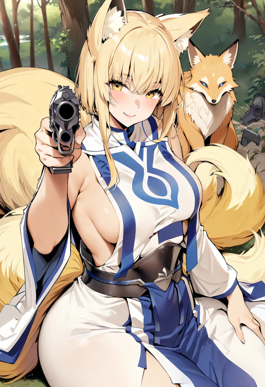 ((masterpiece,highest quality)),  Yakumo,East, One girl, alone, blonde, blonde hair, short hair, Yellow Eyes, Fox, Fox tail,  Have, Tabard, Long dress,  alone, smile, View your viewers, ,Yakumo blue,strong,gun,revolver,