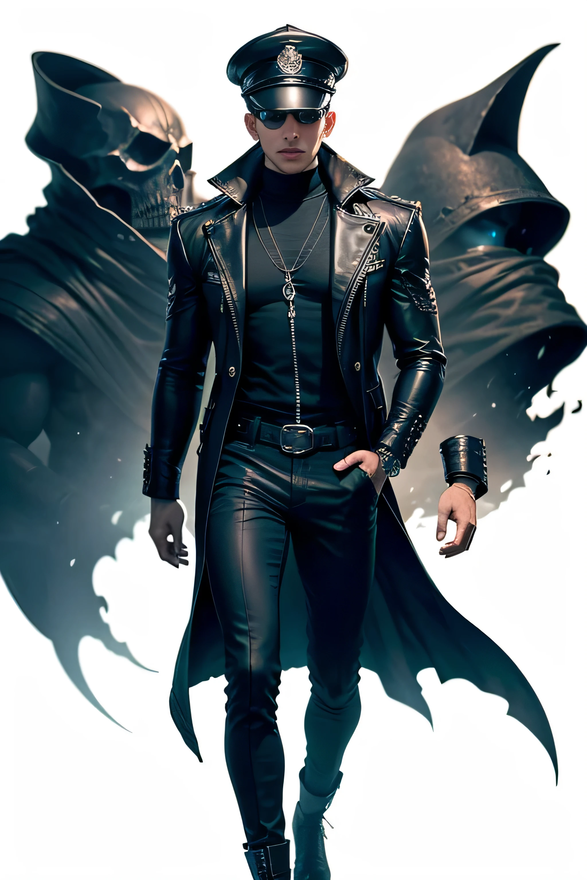 Create an extravagant full-body portrayal of a guy in Gothic style, emphasizing the "guy" theme. The design should feature Gothic elements such as leather, hat, and Victorian details, showcasing an elegant and intricate style. Utilize a color palette of black, white, and pastel tones to capture the unique Gothic aesthetic. The design must be eye-catching, with the guy centered in the image against a white background. She should fit well within the space, ensuring she does not touch the edges of the canvas. No text should be included in the image.
