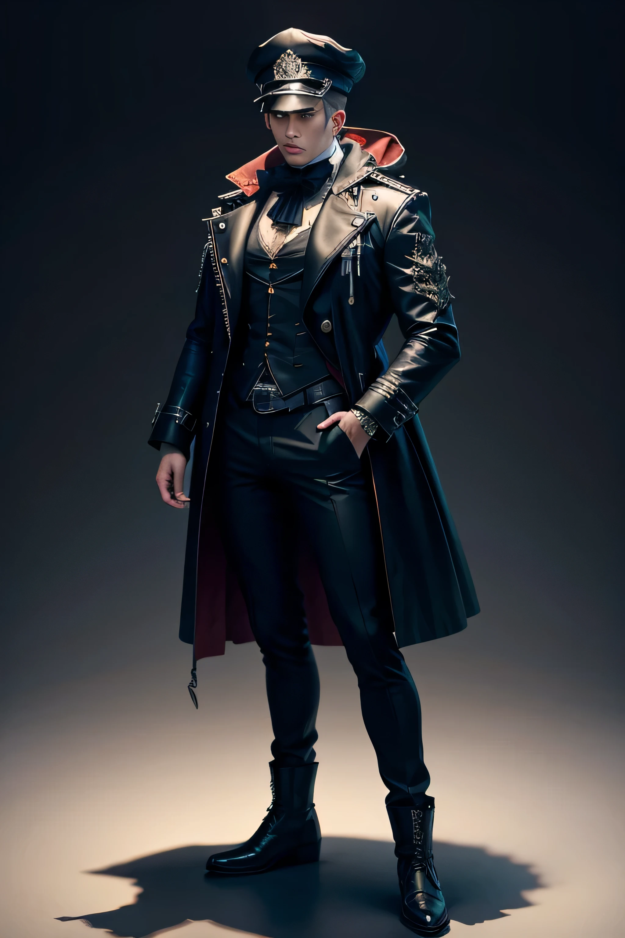 Create an extravagant full-body portrayal of a guy in Gothic style, emphasizing the "guy" theme. The design should feature Gothic elements such as leather, hat, and Victorian details, showcasing an elegant and intricate style. Utilize a color palette of black, white, and pastel tones to capture the unique Gothic aesthetic. The design must be eye-catching, with the guy centered in the image against a white background. She should fit well within the space, ensuring she does not touch the edges of the canvas. No text should be included in the image.