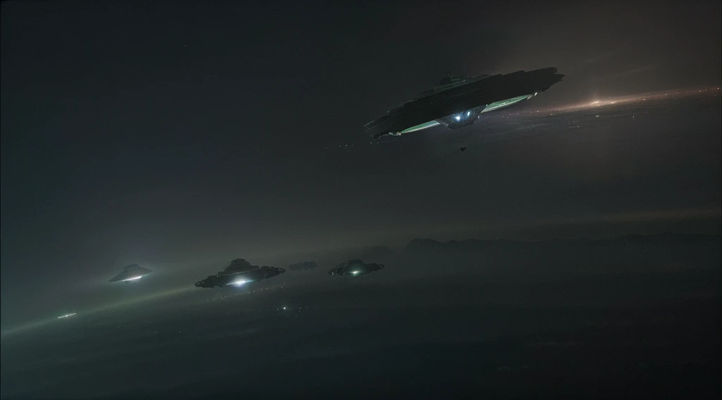 (8k, RAW photo, best quality, mastery:1.3),(realistic,photo-realistic:1.37),(night),( Many alien spaceship approaching the atmosphere of earth ), the situation is space fighting,