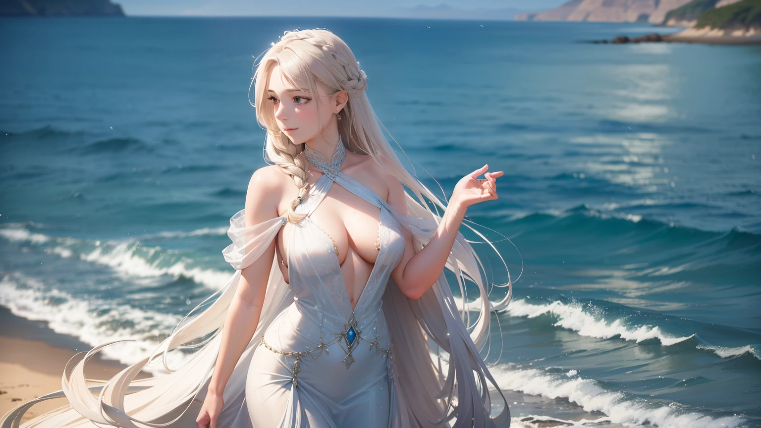 (best quality: 1.2), Ultra-detailed, (realistic: 1.37, photorealistic: 1.37, photo-realistic: 1.37),
 A graceful woman stands on the coastline, her elegant dress flowing in the gentle sea breeze as she listens intently to the soothing sound of the waves. Her long, flowing hair cascades down her back, catching the light and shimmering brilliantly. Her serene expression is reflected in her clear and piercing eyes, which hold a subtle smile on their edges. Soft sunlight illuminates her face, casting delicate shadows and highlighting her subtle features.
 Surrounded by