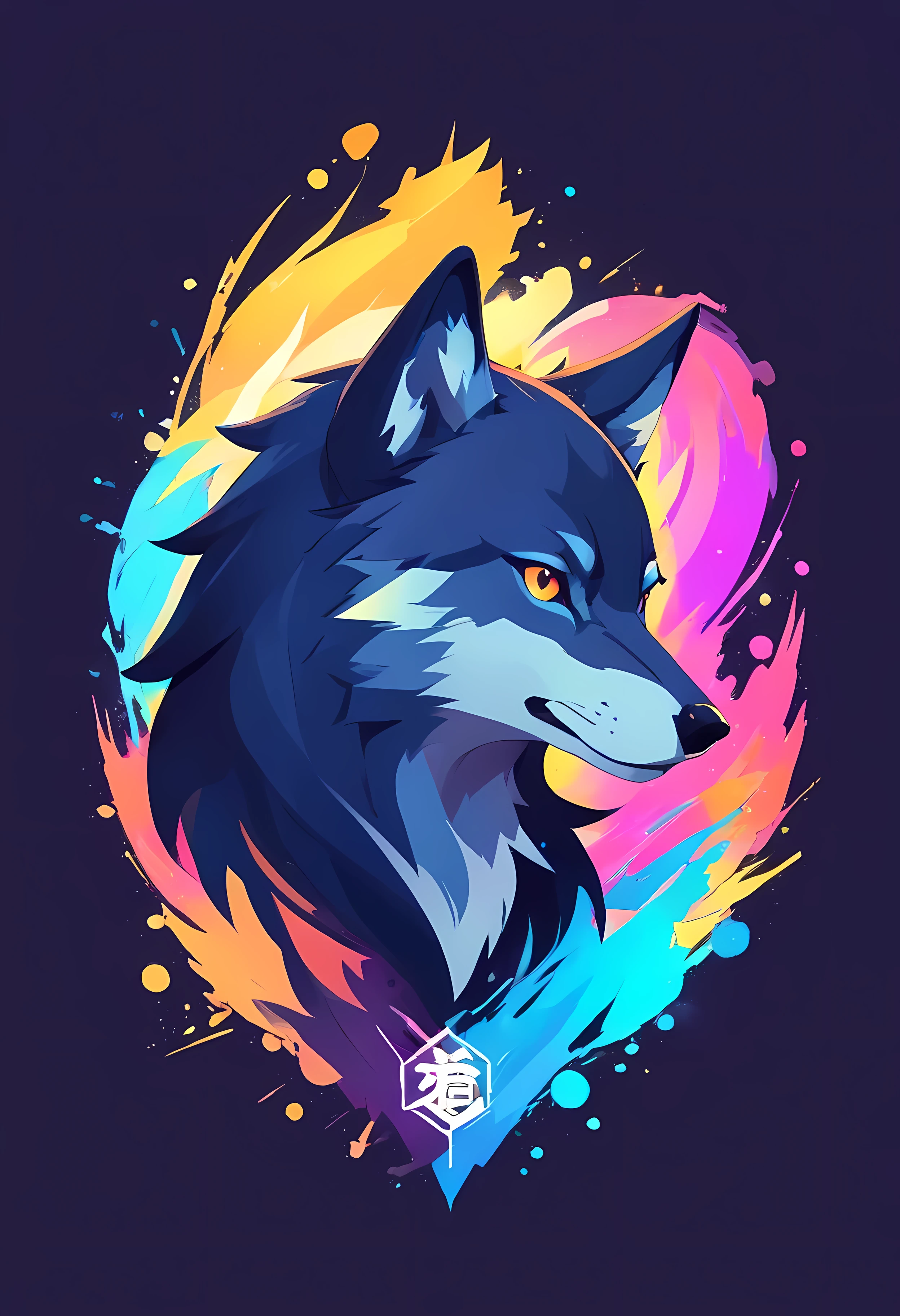 Colorful signs, Simple cute little wolf head vector art logo illustration, front, magic, Sharp design, Soft, monochrome, Dark magic colorful splash paint, T-shirt design, Studio Ghibli style, Design should be vector art . Use Adobe Illustrator, Create a clean, Simple yet charming logo. Keep the design focused on the cat’s eye, Capture its uniqueness and charm. The logo should evoke a feeling of sophistication and serenity. Emphasis on low-poly style,Add a touch of luxury. The overall appearance should be stylish and beautiful, Related to your brand and logo goals, black background, ((symmetry)) This is a wolf,Do not reflect