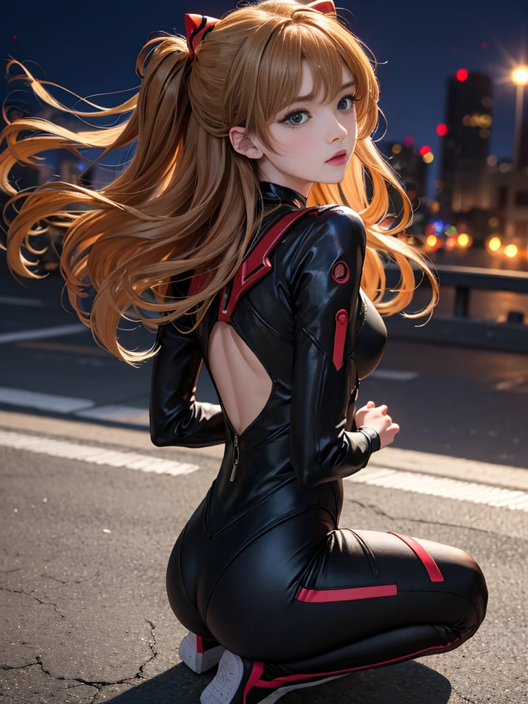 (tmasterpiece:1.4,top-quality),(Complicated details),Unity8k wallpaper,Super detailed,Beautiful and mysterious,detailed back ground,realisticlying,solo,Perfect detail face,Detailed green eyes,The is very detailed,Blushlush,hair adornments,Chignon mahogany hair,(blond hairbl),Plug set 02,Shikinami Tomorrow Shanglangley,Shin Evangelion,Slender 15 year old girl,Full body suit,with black background