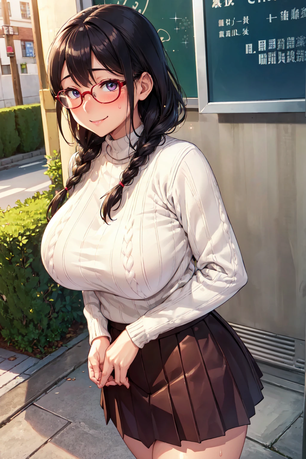 (high quality, High resolution, Finer details), Sidewalk, Side view, alone, girl, Braiding, , Sparkling eyes, (large round frame glasses), (Beautiful Eyes), Big Breasts, ((A kind smile)), blush, Sweat, Oily skin, (Focus plane), Shallow depth of field,Knitted sweater,Tight Skirt