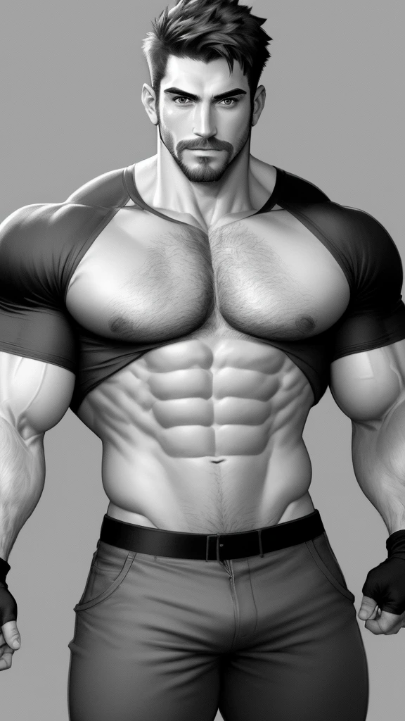 masterpiece, best quality, sketch, solo, facial hair, 1boy, muscular, bara, mature male, taut shirt, short hair, large pectorals, tight shirt, monochrome, fingerless gloves, covered abs, stubble, looking at viewer, pants, cropped legs, thick eyebrows, biceps, greyscale
