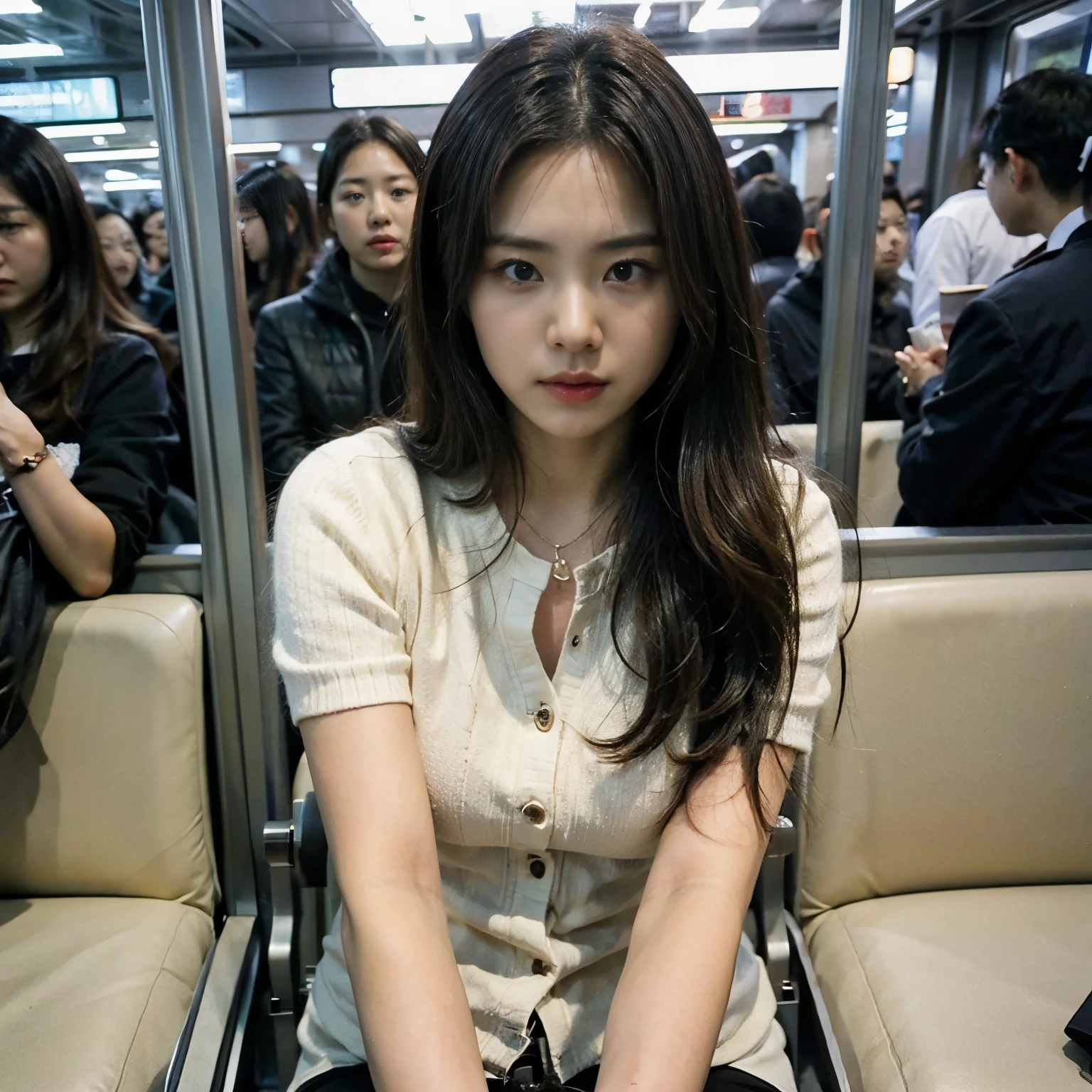 A young and beautiful woman、(((I can&#39;t hold back the urge to urinate:1.7)))、While riding the commuter train、
