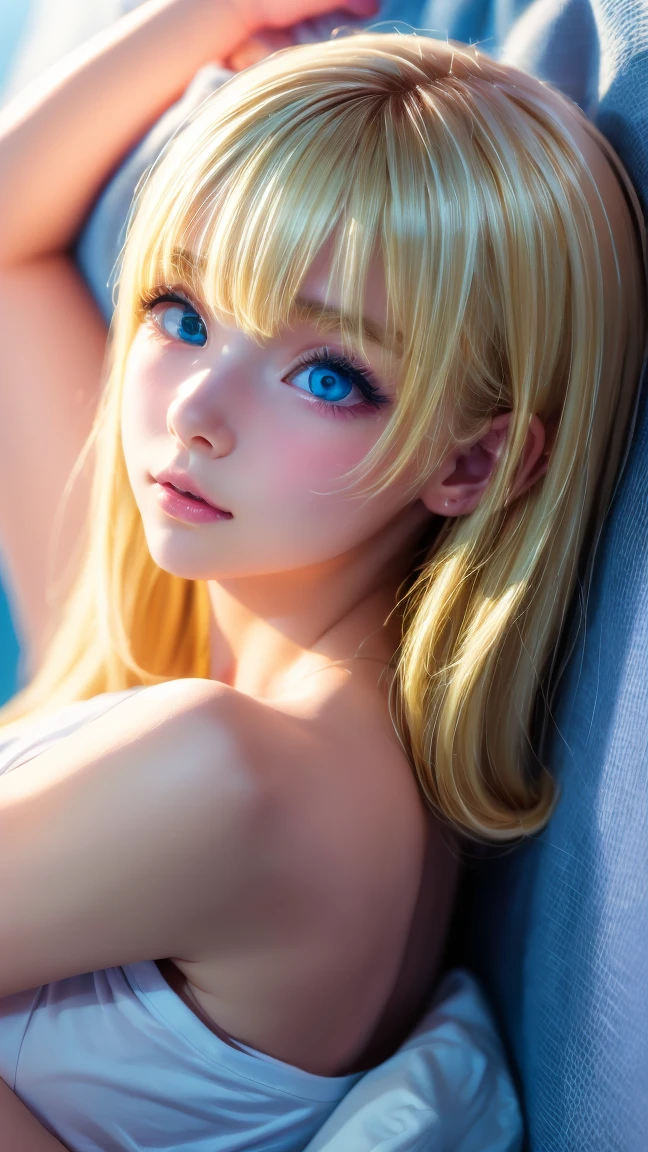 Beautiful and innocent 20 year old blonde girl、Beautiful shining platinum blonde hair、bangs fall on face、((Wearing an open white T-shirt,Dramatic Pose)),sexy look,Super long straight blonde silky hair,Bed Background,Beach Background、RAW Photos, (8k、highest quality、masterpiece:1.2)、(Intricate details:1.4)、(Realistic:1.4)、Octane Rendering、Exquisite 3D rendering with ultra-detailed detail, Studio Soft Light, Rim Light, Sharp details, Super Detail, Realistic skin texture, Cheek gloss、detailed aspects, Very beautiful bright pale blue eyes, Very big eyes、Highly detailed CG Unity 16k wallpaper, Perfect beauty、Round face、Compensate, (Detailed Background:1.2), Shiny skin, whole body、From head to thighs、Cleavage,((sleep with your head up、Top View Angle))