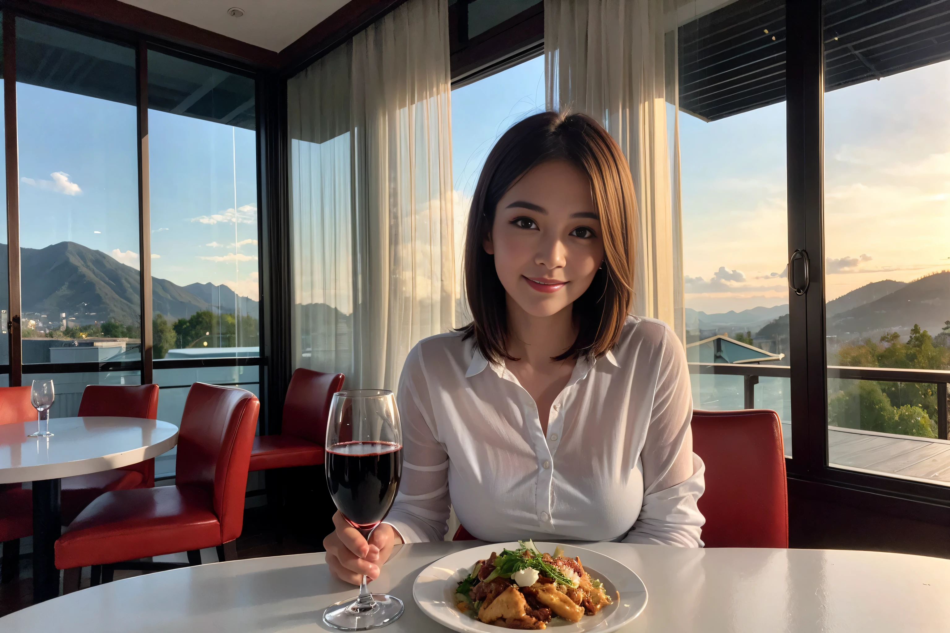 ((highest quality、8k、masterpiece:1.3))、Sharp focus:1.2、Beautiful woman perfect body:1.4、Slim body、((Bob Hale、Straight hair:1.2))、(to be born, highest quality, masterpiece:1.5), (Realistic, Intricate details:1.2), Ultra-high resolution, shine a light on your face、Spectacular view of the sunset sky and clouds、Amazing mountain views、A bright smile、wine glass、red wine 、Appetizer、Italian food、Wine bottle、Champagne、sparkling wine、, Beautiful Face, blue eyes, The light shines on your face, Blushing, short hair,Bright Face、Fox face、 (36 years old), 39 years old, Lady、Two beauties、Brown Hair、Shortcuts、Long sleeve shirt、dress、Pretty Woman 1, (slim face), (The body is slim), (Brown Hair), (Shortcuts), cheeks turn a little red,Attractive beauty、, Out of the window, A beautiful and detailed night view unfolds.........., restaurant, In a prominent place (From the waist up) Nova Frog Style, actress, model, Upper Body, White wine, slim, wine glass, A wine glass placed in the middle, smile, (smile: 1.15), Beautiful fine grain, Depth f/2,saturation, High Contrast, Strong light and shadow,Moist Body:1.5、3D texture、Delicate eyes、Brown Hair、The hair is very shiny、