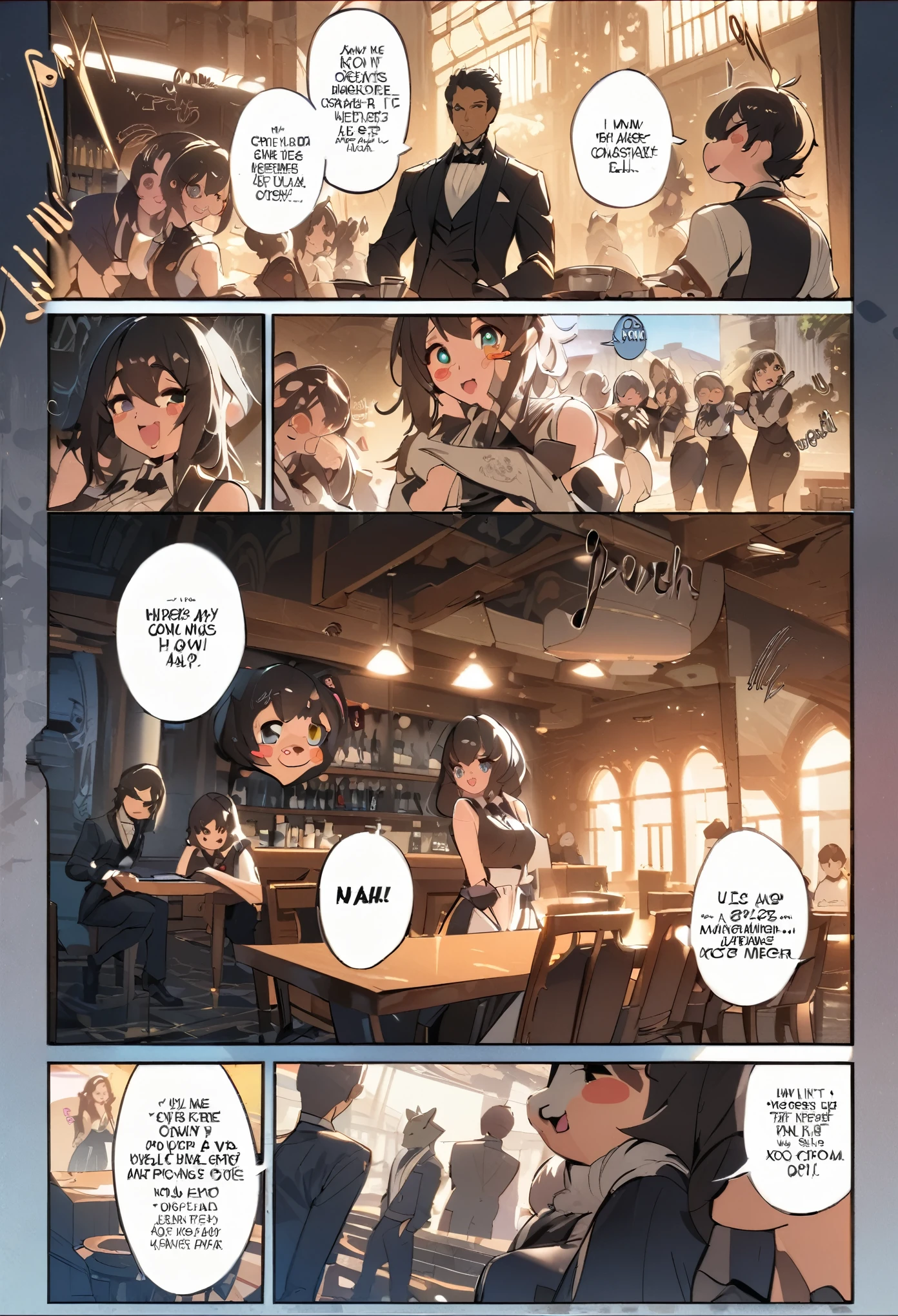 top quality, best quality, highres, masterpiece, super high resolution, detailed background, Casual reutaurant interior, part-time job, waiter, Butler, 6+boys, 6+girls, absurdres(highly detailed beautiful face and eyes)perfect anatomy, good lighting, cinematic shadow(kemono, furry anthro)assorted expressions, assorted poses, assorted angles, full body, upper shot, dynamic angle(girls comic-like panel layouts, speech balloon, English text, Hand-drawn sound effects stickers used in girls comic),