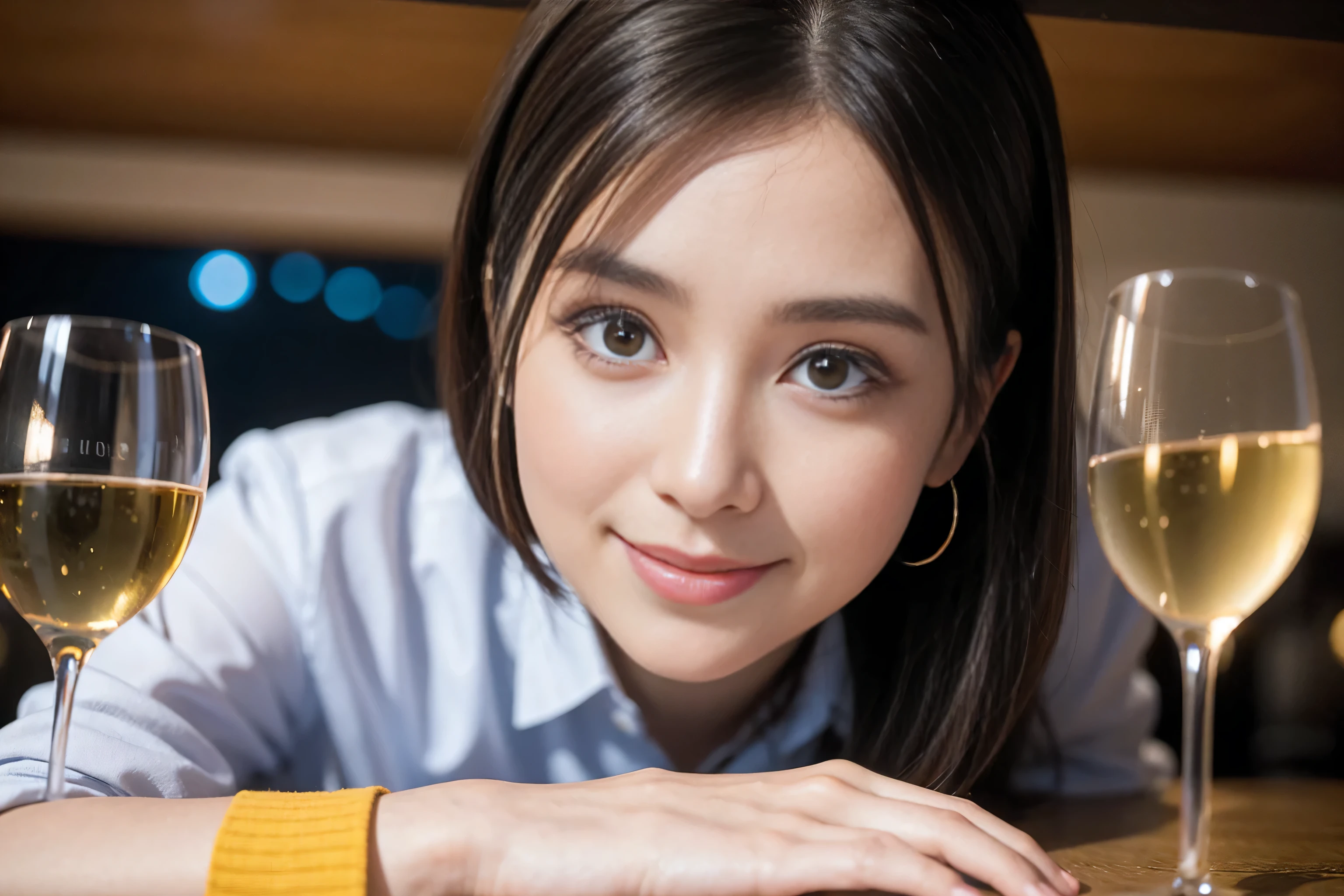 ((highest quality、8k、masterpiece:1.3))、Sharp focus:1.2、Beautiful woman perfect body:1.4、Slim body、((Bob Hale、Straight hair:1.2))、(to be born, highest quality, masterpiece:1.5), (Realistic, Intricate details:1.2), Ultra-high resolution, shine a light on your face、Spectacular view of the sunset sky and clouds、Amazing mountain views、A bright smile、wine glass、red wine 、Appetizer、Italian food、Wine bottle、Champagne、sparkling wine、, Beautiful Face, blue eyes, The light shines on your face, Blushing, short hair,Bright Face、Fox face、 (36 years old), 39 years old, Lady、Two beauties、Brown Hair、Shortcuts、Long sleeve shirt、dress、Pretty Woman 1, (slim face), (The body is slim), (Brown Hair), (Shortcuts), cheeks turn a little red,Attractive beauty、, Out of the window, A beautiful and detailed night view unfolds.........., restaurant, In a prominent place (From the waist up) Nova Frog Style, actress, model, Upper Body, White wine, slim, wine glass, A wine glass placed in the middle, smile, (smile: 1.15), Beautiful fine grain, Depth f/2,saturation, High Contrast, Strong light and shadow,Moist Body:1.5、3D texture、Delicate eyes、Brown Hair、The hair is very shiny、