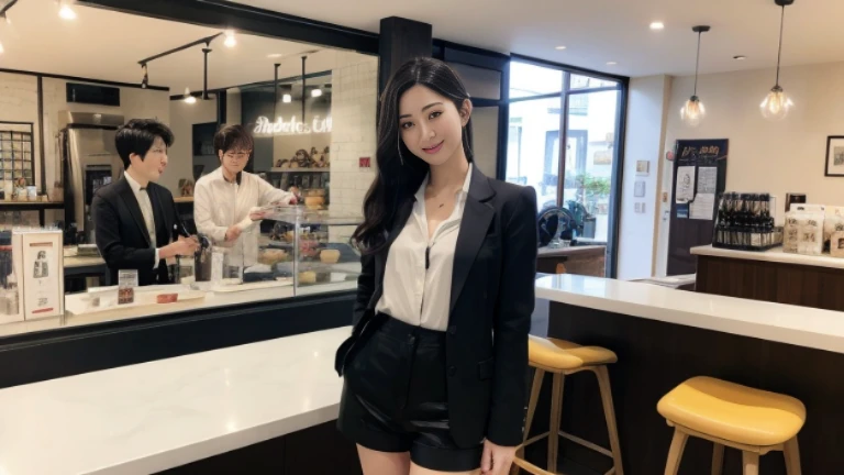 super high quality, Black Hair, Slender, Gravure photoshoot, The staff is working at the counter in the back., (8k、RAW Photos、highest quality、masterpiece:1.2), Stylish café, (Realistic、Photorealistic:1.37), Beautiful Face , Normal chest, Urban Cafe, Golden Ratio, Raw photo, musician, Blurred Background, curl, Spring Clothes, Beauty, suit, 30 years old, Neat clothes,