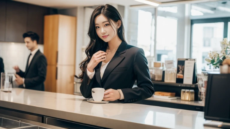 super high quality, Black Hair, Slender, Gravure photoshoot, The staff is working at the counter in the back., (8k、RAW Photos、highest quality、masterpiece:1.2), Stylish café, (Realistic、Photorealistic:1.37), Beautiful Face , Normal chest, Urban Cafe, Golden Ratio, Raw photo, musician, Blurred Background, curl, Spring Clothes, Beauty, suit, 30 years old, Neat clothes,