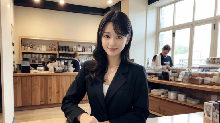 super high quality, Black Hair, Slender, Gravure photoshoot, The staff is working at the counter in the back., (8k、RAW Photos、highest quality、masterpiece:1.2), Stylish café, (Realistic、Photorealistic:1.37), Beautiful Face , Normal chest, Urban Cafe, Golden Ratio, Raw photo, musician, Blurred Background, curl, Spring Clothes, Beauty, suit, 30 years old, Neat clothes,