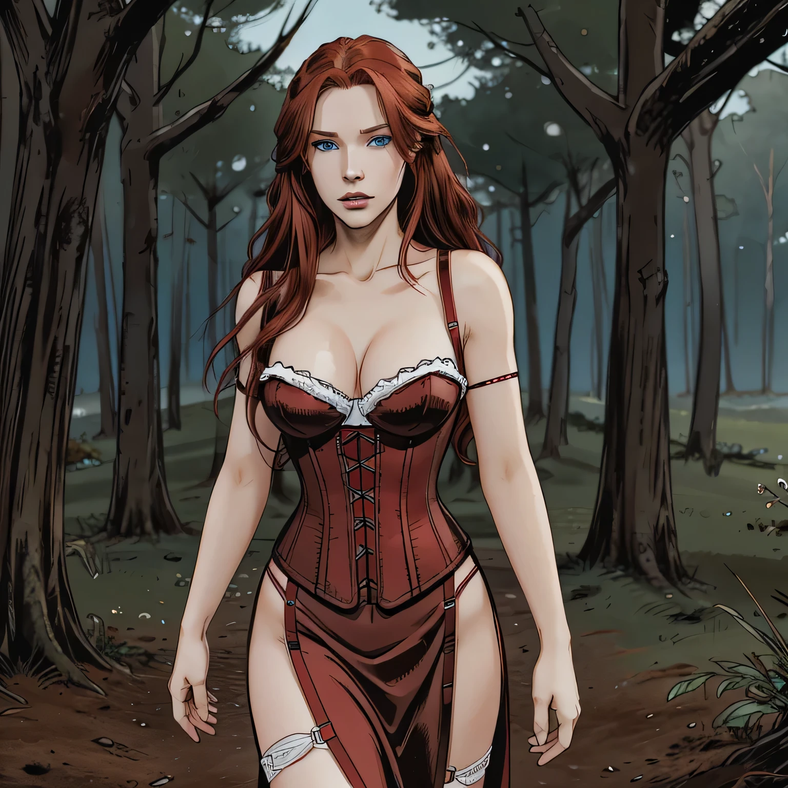 Name: Hairain
Appearance: Ethereal female with long red hair, striking blue eyes, and pale skin. Not quite human.
Clothing: Wears an ox red corset dress.
Personality: Curious, adventurous, playful, empathetic, and strives for knowledge. Mostly reserved due to her strict upbringing.
Expression: Typically reserved, but her blue eyes betray her curiosity and empathy.