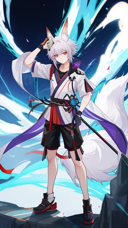 Anime character Shota stands in front of a colorful background.，standing in front of the microphone，Keqing from genshin Impact, From Arknights, fox and bush, Inspired by Bian Shoumin, genshin impact's character, anime cover, genshin, Zhongli from Genshin Impact, genshin Impact style, White-haired fox, Trending at cgstation，ultra shorts，Black Silk