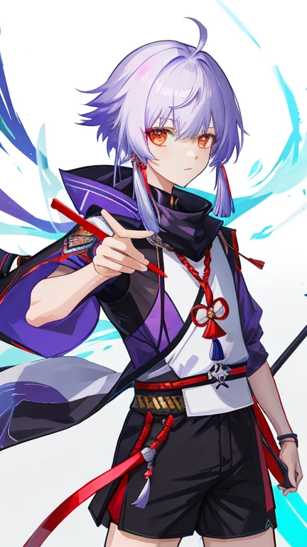 Anime character Shota stands in front of a colorful background.，standing in front of the microphone，Keqing from genshin Impact, From Arknights, fox and bush, Inspired by Bian Shoumin, genshin impact's character, anime cover, genshin, Zhongli from Genshin Impact, genshin Impact style, White-haired fox, Trending at cgstation，ultra shorts，Black Silk