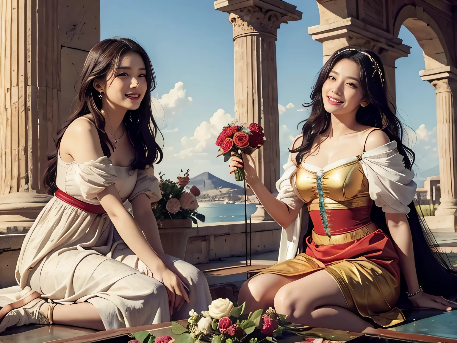 Giorgione painting style,Arguments of two female Philosophe,math、astronomical machine、astronaut、roses in vase、fruits、Cute trinkets、smile、ancient greek costume、Ancient Roman landscape in the style of Nicolas Poussin,laughter,,Sweet and seductive appearance.、Caravaggio's paintings、Chiaroscuro of Caravaggio、hair tousled by the wind,Two women frolicking,cute smile, expression of ecstasy,Sexy,erotic