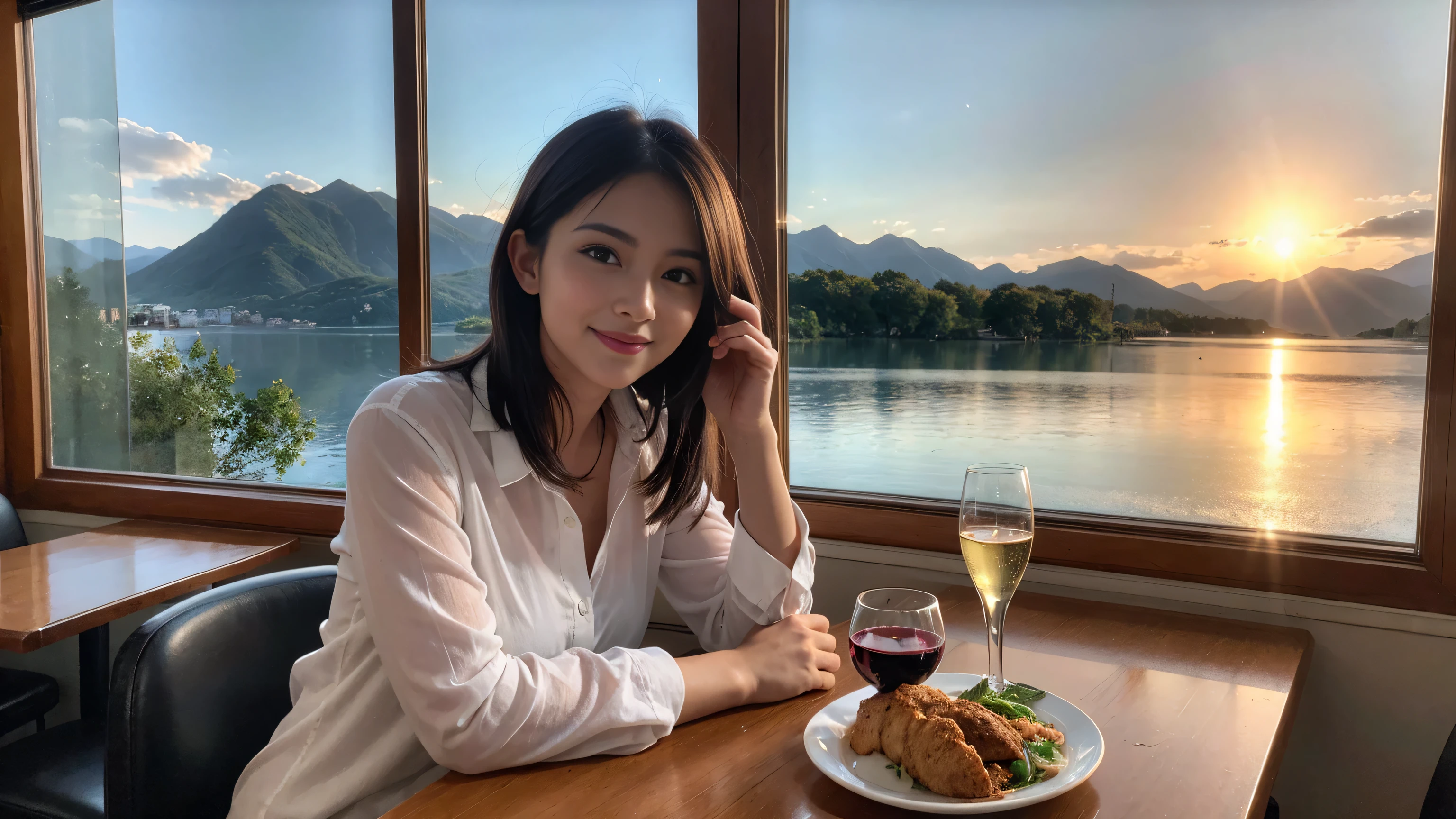 ((highest quality、8k、masterpiece:1.3))、Sharp focus:1.2、Beautiful woman perfect body:1.4、Slim body、((Bob Hale、Straight hair:1.2))、(to be born, highest quality, masterpiece:1.5), (Realistic, Intricate details:1.2), Ultra-high resolution, shine a light on your face、Spectacular view of the sunset sky and clouds、Amazing mountain views、A bright smile、wine glass、red wine 、Appetizer、Italian food、Wine bottle、Champagne、sparkling wine、, Beautiful Face, blue eyes, The light shines on your face, Blushing, short hair,Bright Face、Fox face、 (36 years old), 39 years old, Lady、Two beauties、Brown Hair、Shortcuts、Long sleeve shirt、dress、Pretty Woman 1, (slim face), (The body is slim), (Brown Hair), (Shortcuts), cheeks turn a little red,Attractive beauty、, Out of the window, A beautiful and detailed night view unfolds.........., restaurant, In a prominent place (From the waist up) Nova Frog Style, actress, model, Upper Body, White wine, slim, wine glass, A wine glass placed in the middle, smile, (smile: 1.15), Beautiful fine grain, Depth f/2,saturation, High Contrast, Strong light and shadow,Moist Body:1.5、3D texture、Delicate eyes、Brown Hair、The hair is very shiny、