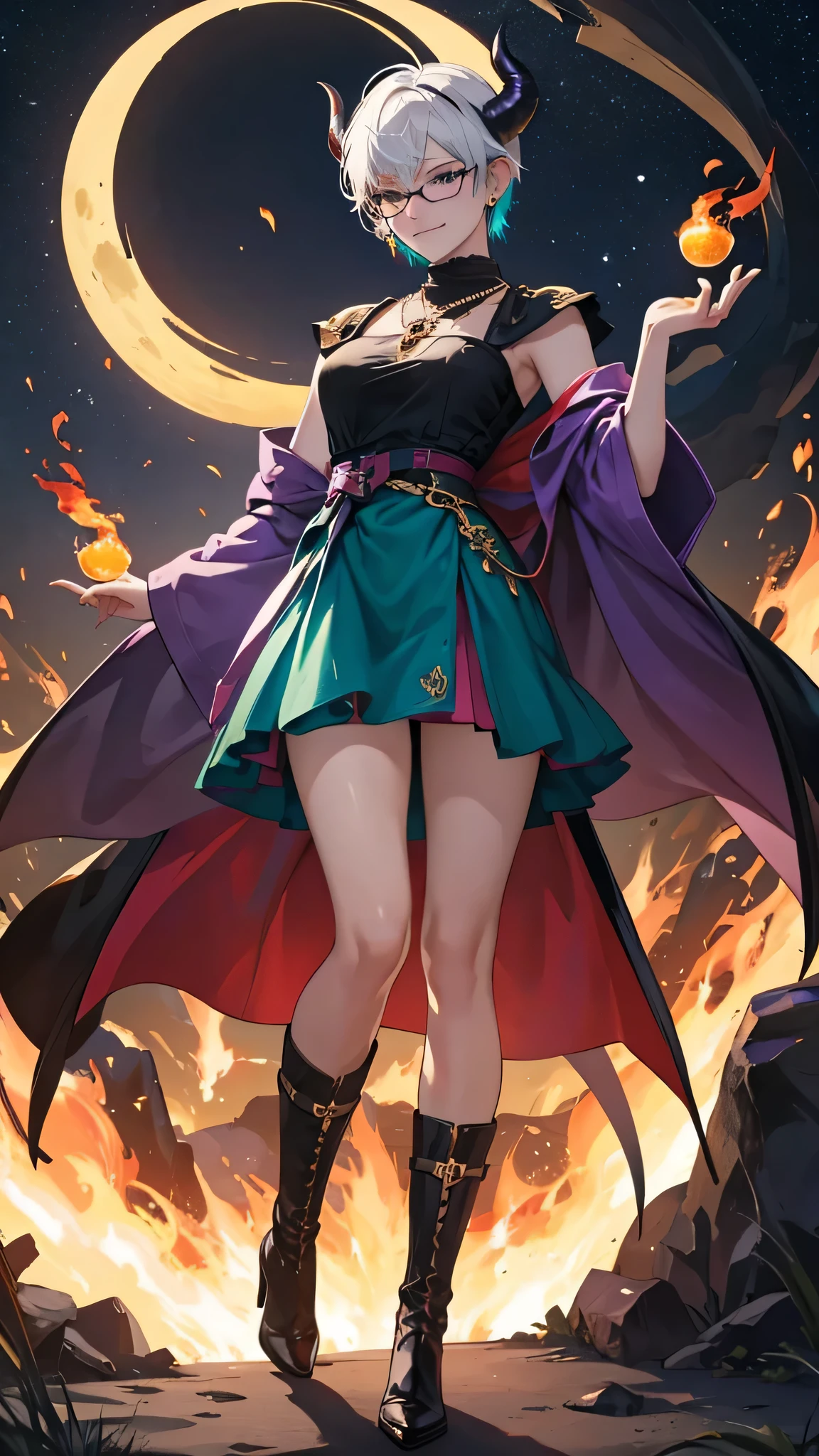 8k, masterpiece, best quality, highly detailed, 1girl, tiefling, warlock, solo, multicolored hair, very short straight hair green highlight hair on white hair, strippled hair, wearing glasses, earrings, necklace, mole, glamorous, teal and purple clothing, villainy, smirk, seductive pose, close ups view, rings, looking at viewer, standing, demon horns, demon tail, high heels, fantasy world, night-time, crescent moon, fires, burning scenario, casting fire spell, rounded glasses.