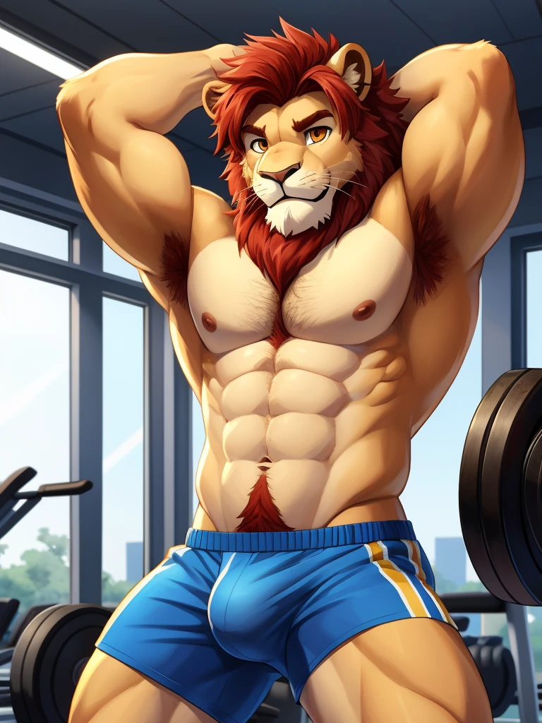 a furry lion, furry, lion, single, only character, blue sport shorts, gym, shirtless, muscular, male, masculine, red hair, yellowish fur, brown eyes, hands up behind head, red hairy armpits, cartoony, illustration, sharp focus, smooth lightning, soft colours, medium length hair, two blogs haircut, young guy, water-colours, bulge