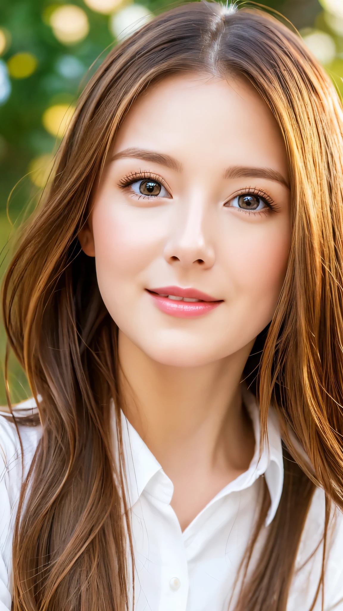 charming especially cute adult girl, deutsch girl, shiny bright brown long hair, shiny bright brown eyes, charming vivid lip, well-formed nose, charming cute face, bright expression, wearing shiny bright white camisole, look at me,
