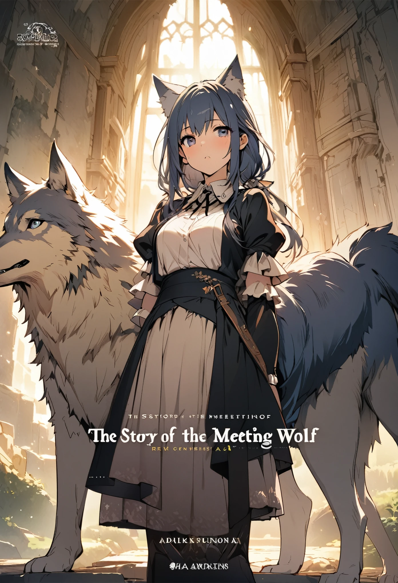 High-quality illustrations, doujinshi cover_page, highres, absurdres, The story of the meeting of a girl and a wolf,