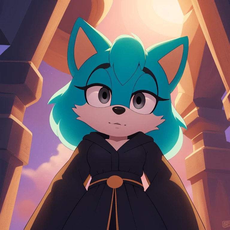 masterpiece, best quality, 4k, 8k, hyper detailed, Cat, Mobian, 1girl, turquoise fur, grey eyes, expressionless, vivid colors, vibrant lighting, dynamic lighting, high contrast, looking at viewer, from below, black robe,
