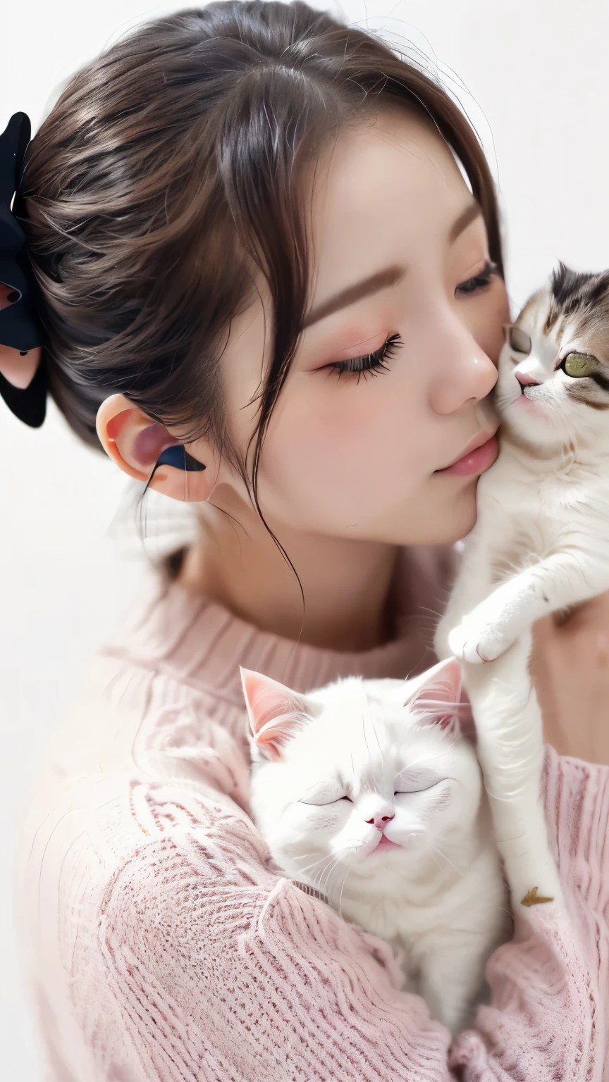 masterpiece, 4K, Bokeh, (kawaii:1.5), (beautiful girl:1.3), (Japanese idol:1.6), (Cat ear:1.3) , (sweater:1.3), (I love cat:1.6), blushed, (Hold slleeping white cat:1.5), (kiss to cat:1.3), (White Background :1.4),