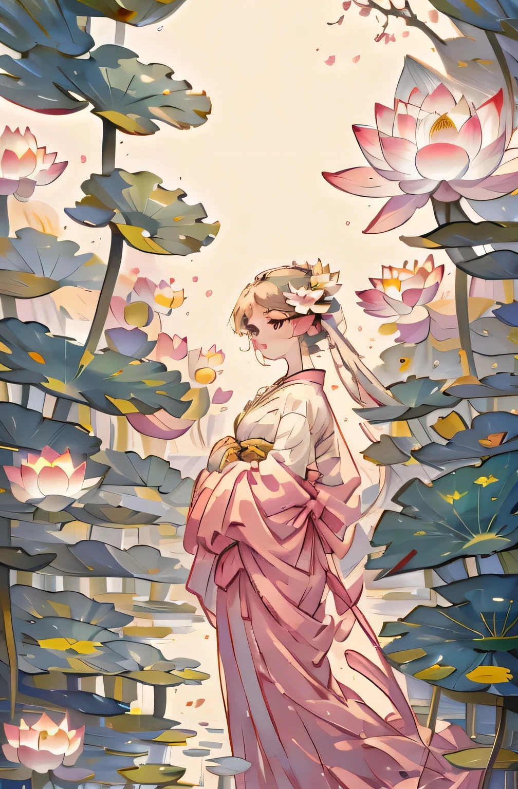 Standing in the front, the background is a cherry tree on the left, a pond of lotus leaves and lotus flowers on the right, an arch bridge in the middle, and butterflies flying.