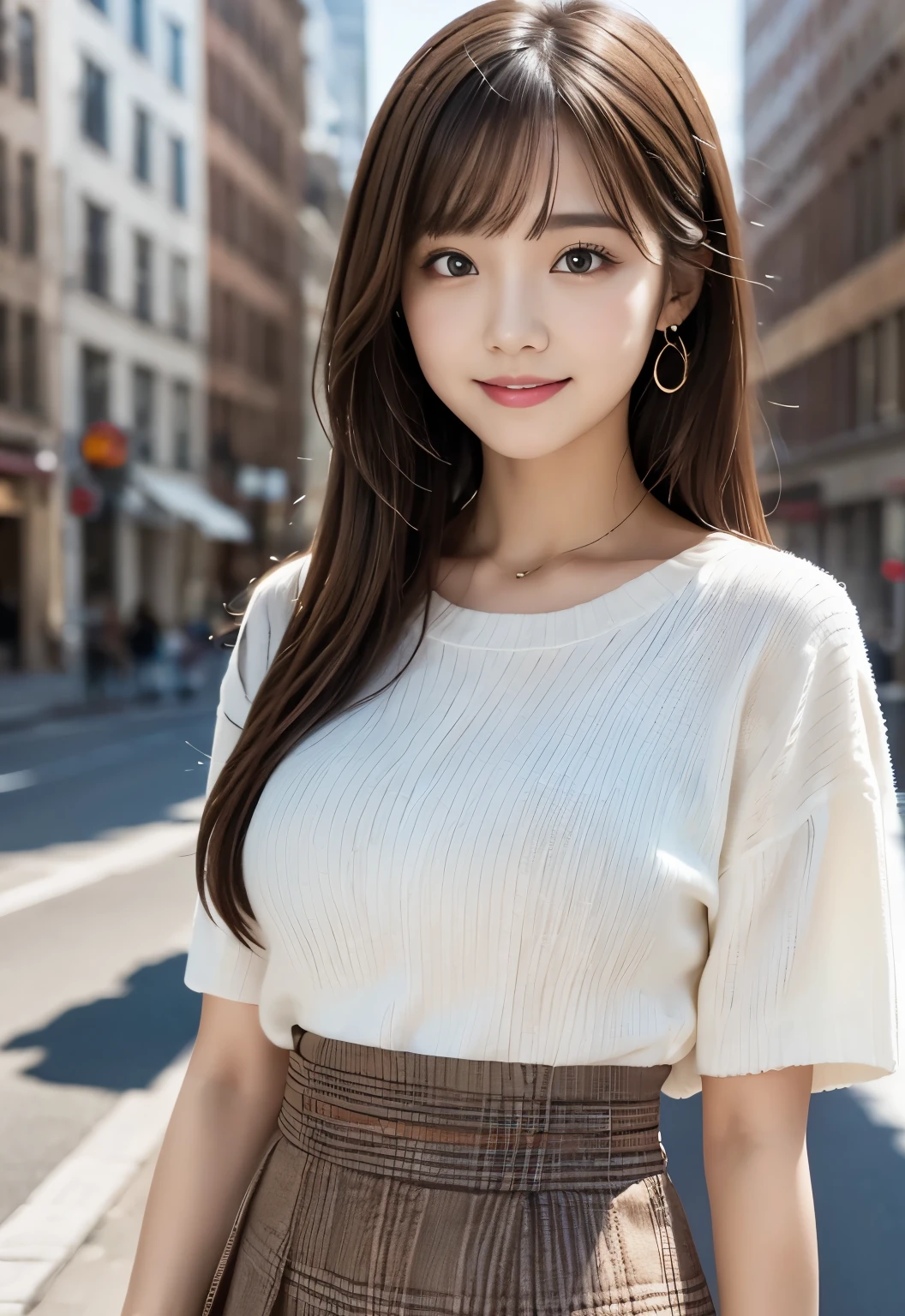 masterpiece, best quality:1.1), (8k, raw photo, photo realistic:1.2, f22), (shiny skin), detailed skin,long hair,detailed face, detailed eyes, smile,BREAK, real world, intricate details, smil, BREAK, 1girl, (check pattern,skirt,orange), BREAK, (city:1.4), BREAK