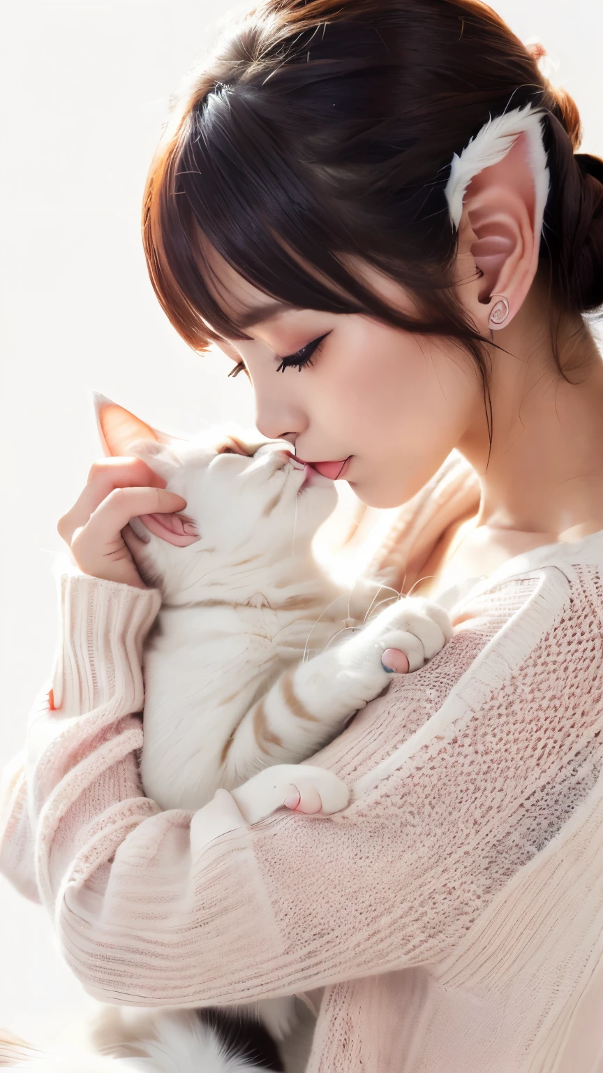 masterpiece, 4K, Bokeh, (kawaii:1.5), (beautiful girl:1.3), (Japanese idol:1.6), (Cat ear:1.3) , (sweater:1.3), (I love cat:1.6), blushed, (Hold slleeping white cat:1.5), (kiss to cat:1.3), (White Background :1.4),