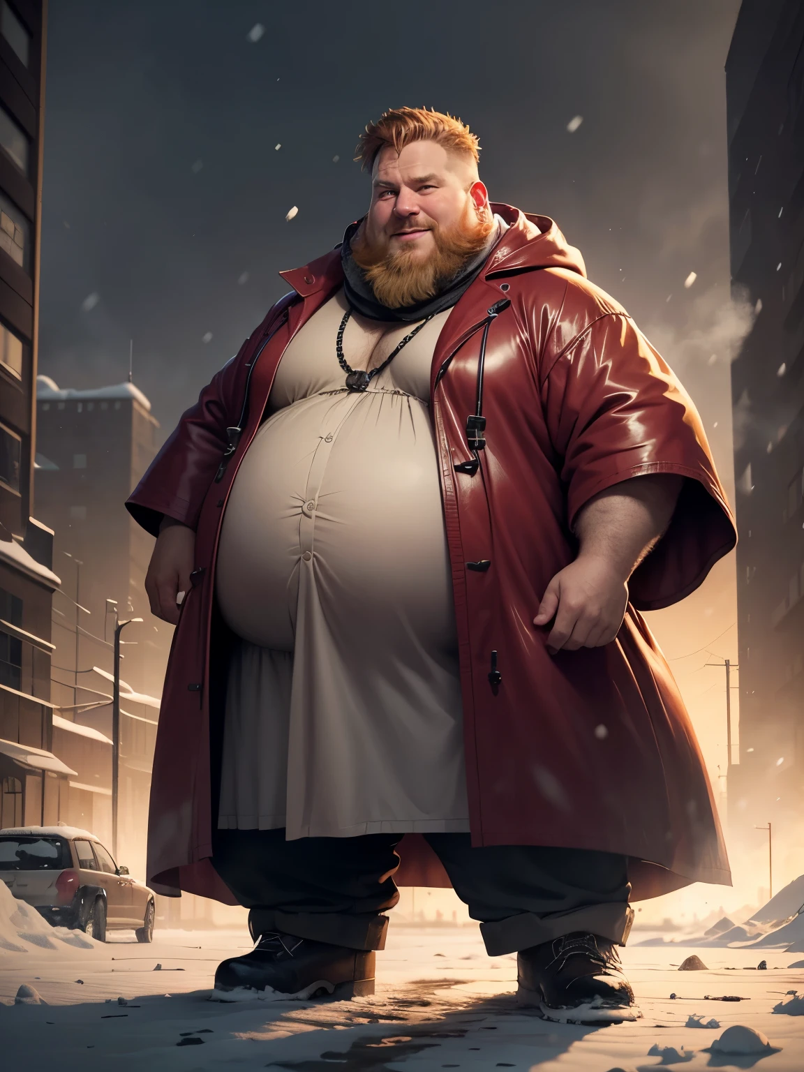 Chiaroscuro, dramatic lighting, repulsively fat middle-aged man, greasy greying ginger hair and goatee, smiling, sweaty, dressed in multicoloured kaftan, fur-lined coat, boots, keffiyeh, obese, gross, hugely fat, snowing, ruined city, realistic pigs, belly wheel, wheel supporting huge belly, keffiyeh, overcast, snow, industrial smog, shackled line of prisoners