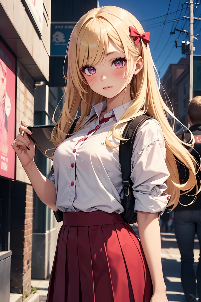 ((1 girl)), Selfie, Latest Fashion Trends, (Hairpins in the bangs), younger sister, Pleated skirt, rucksack, Bright expression,background_School Area, Surprised face, かわいいyounger sister, Cowboy Shot,((Very detailed,highest quality, High resolution, 8k wallpaper, Beautiful clothes,)),((blonde, Long Hair,Straight hair)), blush , (Crimson Eyes),eye shadow, eyeliner,Glow Eye, Very detailedな目, Beautiful Eyes, 14-year-old girl, Accurate anatomy