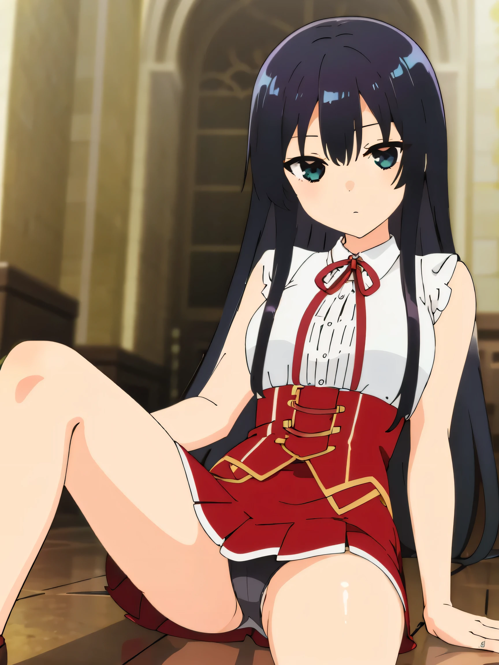 1 Girl、Black Hair、black eye、Expressionless、Long Hair、、High resolution、masterpiece、High resolution、highest quality、Detailed face、Anime Moe Art Style、Cowboy Shot、Spread your legs、Leg spread、skirt、Sitting、Panty shot、Panty flashing、Plush panties、lingerie、Sitting on the floor、Stand up、Front view