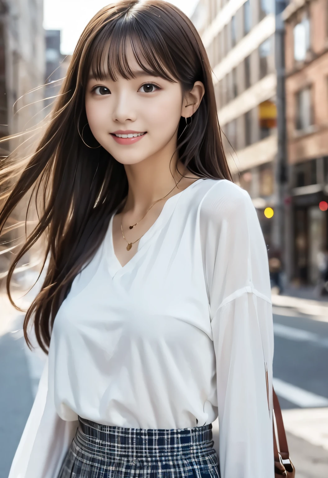 masterpiece, best quality:1.1), (8k, raw photo, photo realistic:1.2, f22), (shiny skin), detailed skin,long hair,detailed face, detailed eyes, smile,BREAK, real world, intricate details, smil, BREAK, 1girl, (check pattern,skirt,orange), BREAK, (city:1.4), BREAK