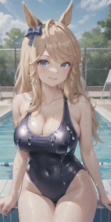 gold city \(umamusume\), one piece pink swimsuit, large breasts, thighs, swimming pool, (soaking wet:1.2), smiling
