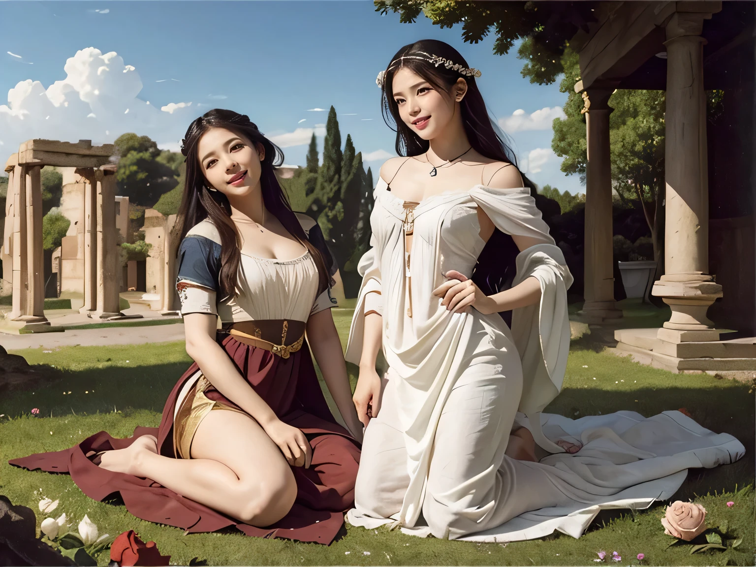 full body portrait or statue、Giorgione painting style,Arguments of two female Philosophe,math、astronomical machine、astronaut、roses in vase、fruits、Cute trinkets、smile、ancient greek costume、Ancient Roman landscape in the style of Nicolas Poussin,laughter,,Sweet and seductive appearance.、Caravaggio's paintings、Chiaroscuro of Caravaggio、hair tousled by the wind,Two women frolicking,cute smile, expression of ecstasy,Sexy,erotic,