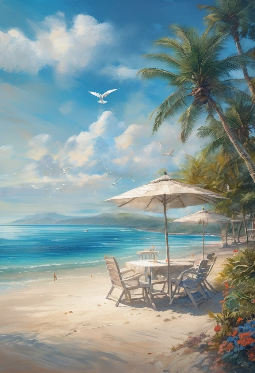 Blue Coast, a beautiful coastline overlooking the deep blue ocean, sandy beaches and crashing waves, palm trees swaying in the gentle breeze, clear blue skies with fluffy white clouds, a lone sailboat in the distance, sparkling sunlight reflecting on the water, seashells scattered on the beach, children building sandcastles, seagulls soaring in the sky, a small beachside cafe serving refreshing drinks, vibrant and saturated colors, soft and warm sunlight, a peaceful and serene atmosphere, a sense of tranquility and relaxation (best quality,ultra-detailed,highres,professional:1.2),coastal landscape,photorealistic,exquisite brushwork,subtle textures and details,layers of vibrant colors,emphasizing the beauty of the ocean, capturing the essence of a summer beach day