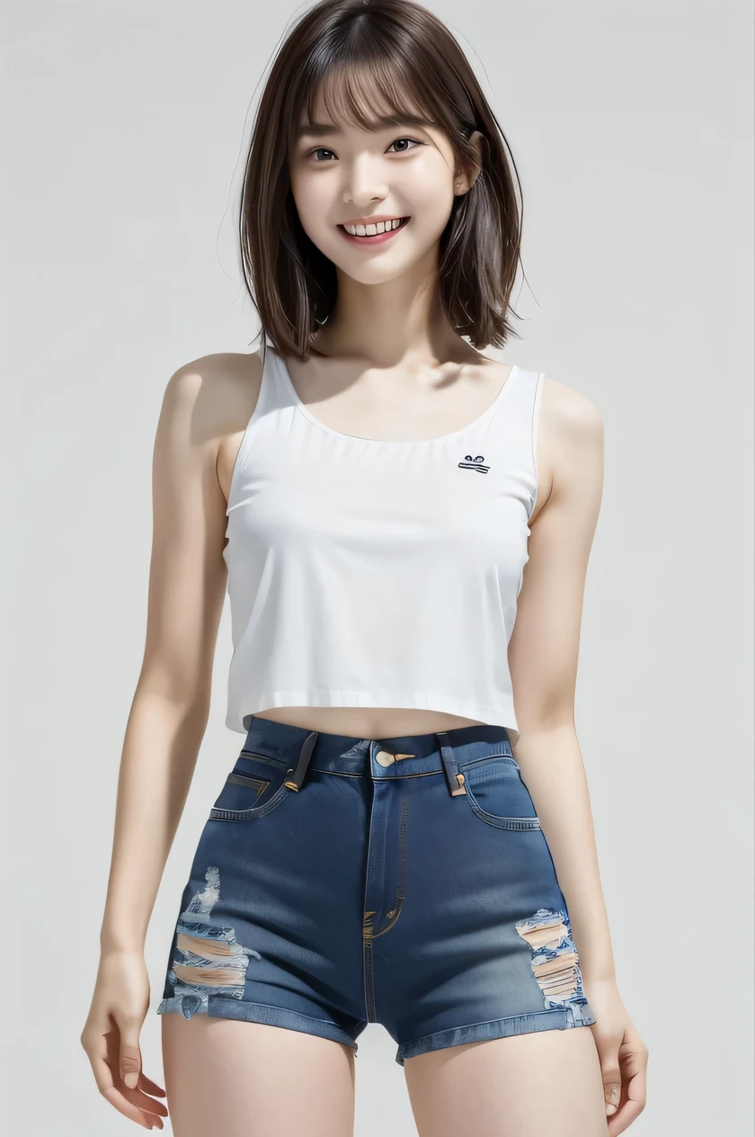 The beauty of 8K raw photos:2.0, Japanese woman, short hair, 18 years old, great face and dark eyes, looking down, looking at the viewer:1.5, big smile, tongue out, show the tongue, wet hair, show the crotch, spread the legs wide, show your cameltoe:1.2, tiny top, (denim hot pants, white shirt:1.2), shinny skin, realistic:1.9, very detailed, cross-legged, cowboy shot from bottom:1.2, High resolution RAW color photos, professional photos, Taken at the studio, plain wallpaper, girl sexy portrait