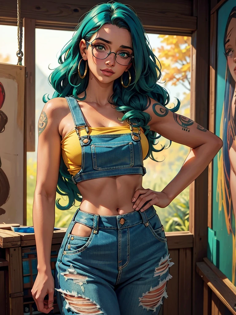 Gorgeous artsy woman in overalls beautiful long flowing thick natural curly hair, jewelry, tattoos, indie punk aesthetic, beautiful athletic body, hips, lovely lively expressive eyes, painting in an art studio in autumn, lovely colorful lighting, Cheery atmosphere, flirty, freckles, gorgeous Indian face, very tan skin, incredible detail to texture, in love, green eyes, lots of color, photorealistic, masterpiece, absolute babe, athletic body
Colorful outfit, patterns, glasses