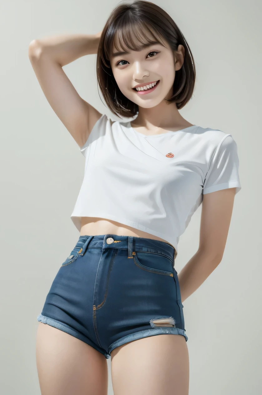 The beauty of 8K raw photos:2.0, Japanese woman, short hair, 18 years old, great face and dark eyes, looking down, looking at the viewer:1.5, big smile, tongue out, show the tongue, wet hair, show the crotch, spread the legs wide, show your cameltoe:1.2, tiny top, (denim hot pants, white shirt:1.2), shinny skin, realistic:1.9, very detailed, cross-legged, cowboy shot from bottom:1.2, High resolution RAW color photos, professional photos, Taken at the studio, plain wallpaper, girl sexy portrait