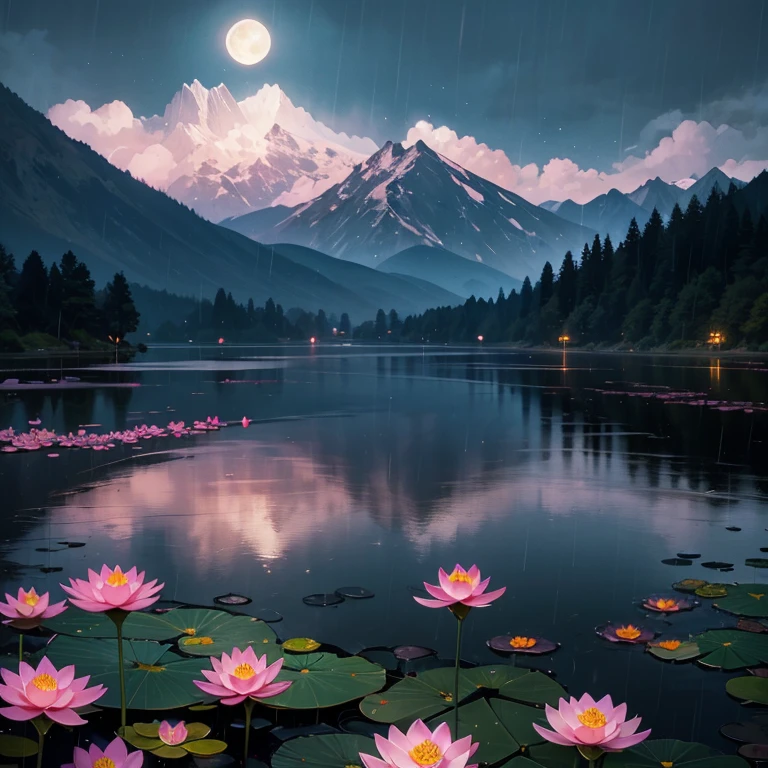At night, only the moonlight illuminates, crooked moon, mountains in the distance, beautiful big lotus flowers nearby, big red lotus flowers, running water next to it, frogs, summer full of joy, crooked moon in the sky mixed with stars, amazing wallpaper, rainy night, night in the rain, beautiful and beautiful, movie, high detail ((heavy rain))), 8k