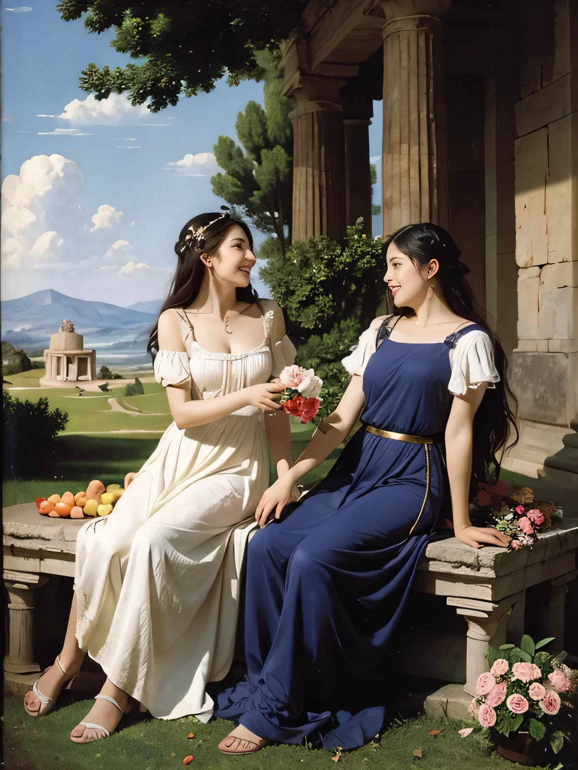 full body portrait or statue、Giorgione painting style,Arguments of two female Philosophe,math、astronomical machine、astronaut、roses in vase、fruits、Cute trinkets、smile、ancient greek costume、Ancient Roman landscape in the style of Nicolas Poussin,laughter,,Sweet and seductive appearance.、Caravaggio's paintings、Chiaroscuro of Caravaggio、hair tousled by the wind,Two women frolicking,cute smile, expression of ecstasy,Sexy,erotic,