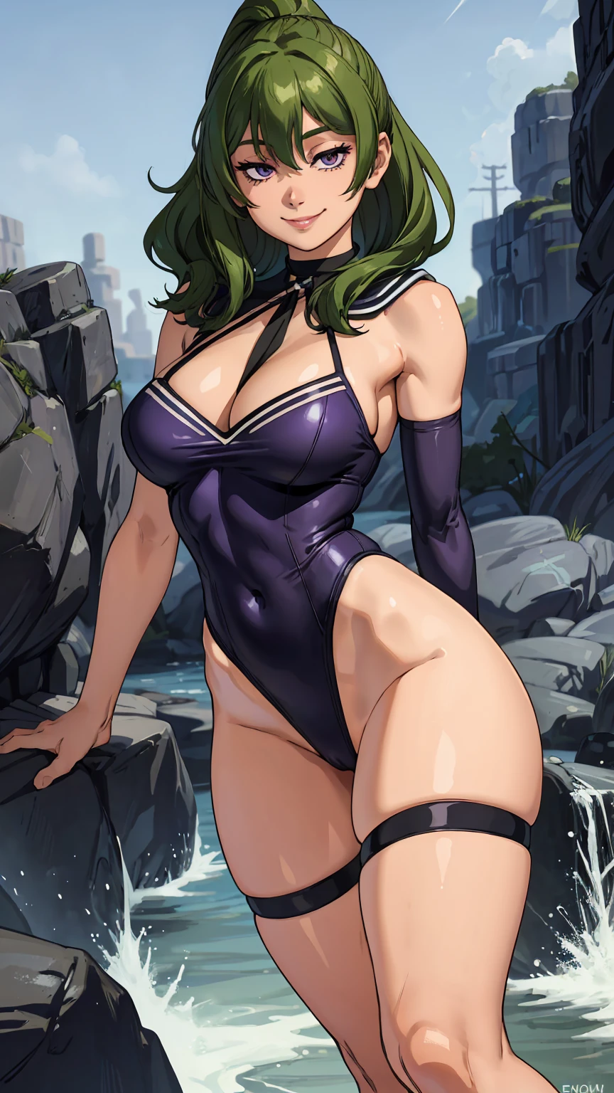 (Best quality:1.3), (4K quality), ((detailed face)),((smile)), ((skinny body)), Green hairs, (beautiful breasts), cleavage, sexy, (((ecchi)) ), Skinny girl, skinny muscular woman, skinny body, perfect body, sexy skinny body, long thin legs, legs spread, SFW, purple eyes, sexy clothes, sailor clothes, cow cosplay, ponytail on the side of her head, sailor clothes cosplay