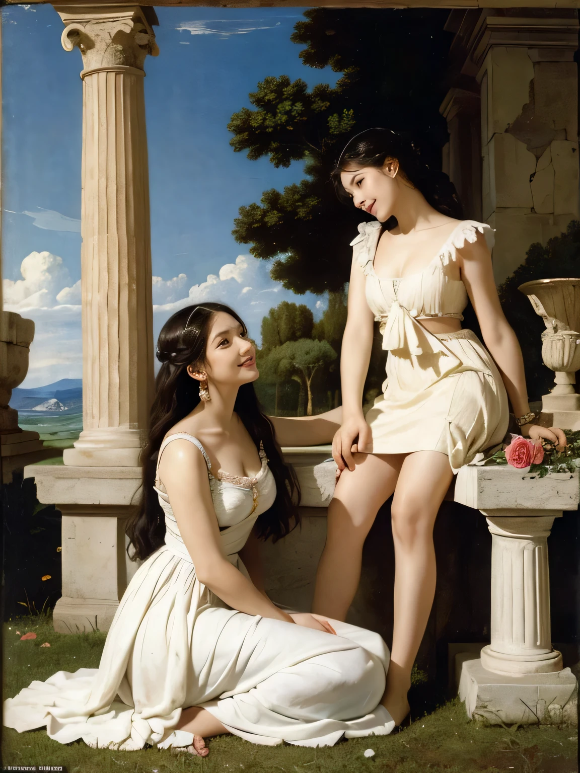 full body portrait or statue、Giorgione painting style,Arguments of two female Philosophe,math、astronomical machine、astronaut、roses in vase、fruits、Cute trinkets、smile、ancient greek costume、Ancient Roman landscape in the style of Nicolas Poussin,laughter,,Sweet and seductive appearance.、Caravaggio's paintings、Chiaroscuro of Caravaggio、hair tousled by the wind,Two women frolicking,cute smile, expression of ecstasy,Sexy,erotic,