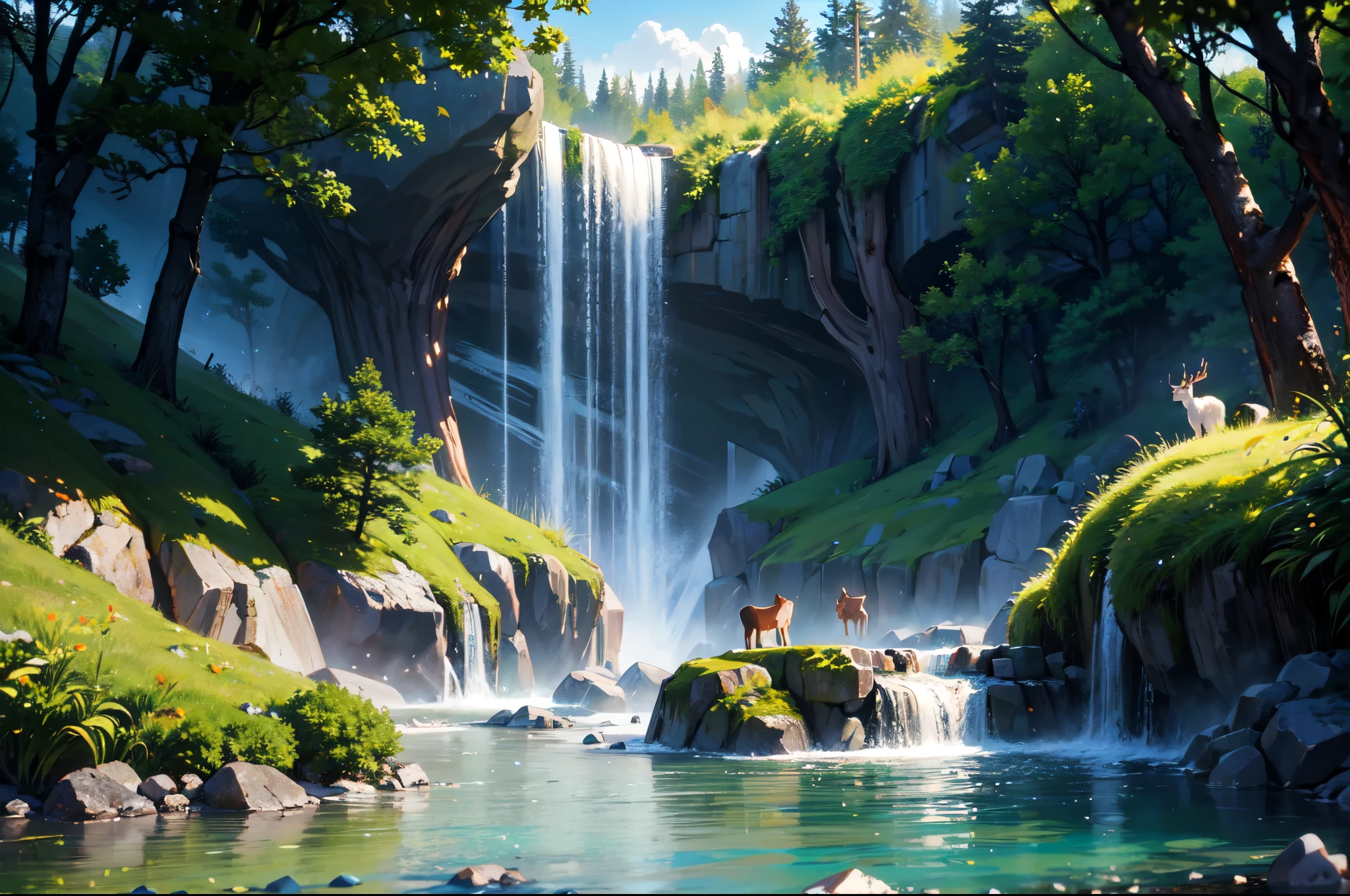 Chinese ancient, spring, Dense forest, lake, cave, waterfall, wood, Pasture, rock, deer, hot spring, water vapor, (figure: 1.0), A magnificent composition, Realistic lighting, HD detailed, masterpiece, highest quality, (Highly detailed CG synthesis 8k wallpaper)