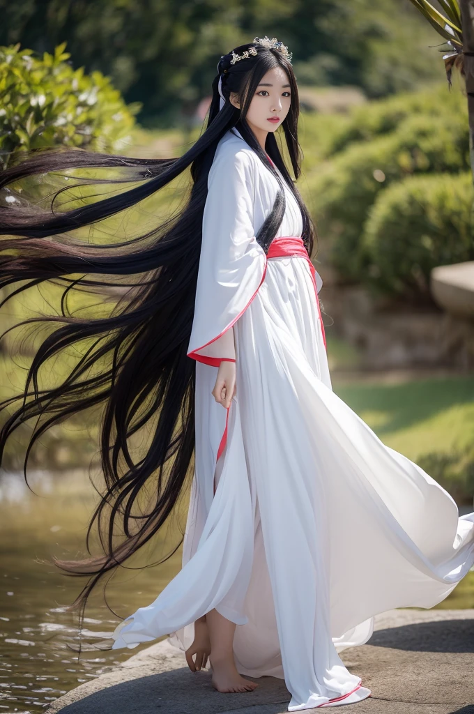 (Masterpiece),(Need),(Super meticulous),(all over the body:1.2),(A 4 year old boy,with long black hair,White clothes fluttering,Hanfu,Laugh,Stand on a cliff,Below is the Yangtze River,fall,Falling leaves,chibi