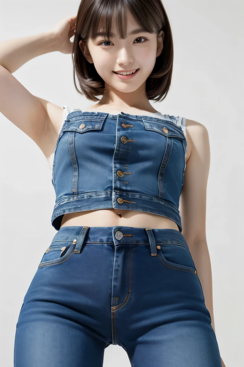 The beauty of 8K raw photos:2.0, Japanese woman, short hair, 18 years old, great face and dark eyes, looking down, looking at the viewer:1.5, big smile, tongue out, show the tongue, wet hair, show the crotch, spread the legs wide, show your cameltoe:1.2, tiny top, (denim hot pants, white shirt:1.2), shinny skin, realistic:1.9, very detailed, cross-legged, cowboy shot from bottom:1.2, High resolution RAW color photos, professional photos, Taken at the studio, plain wallpaper, girl sexy portrait