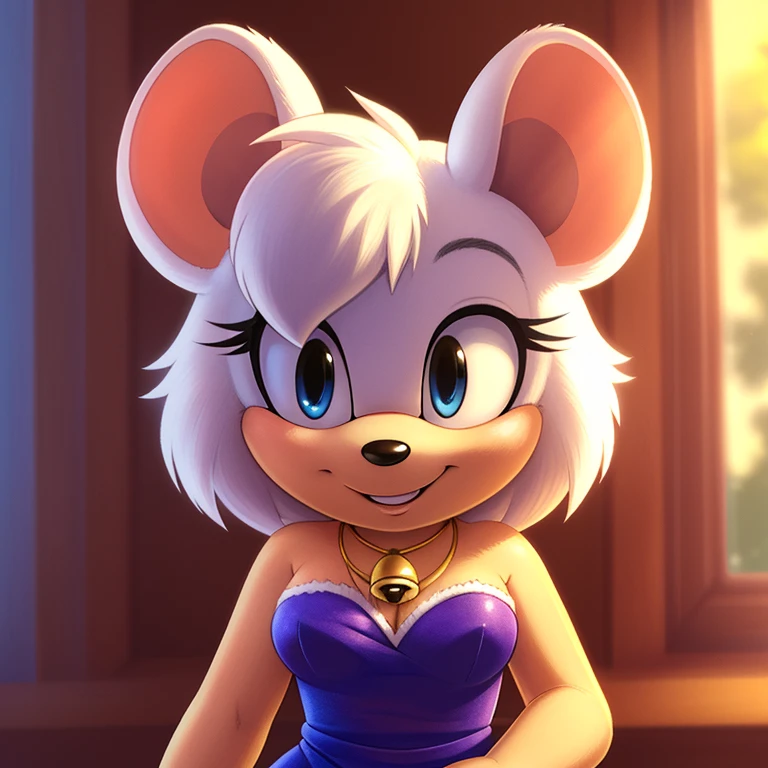 (masterpiece, soft lighting, very detailed, fine details, detailed background), 1girl, white ((mouse)), (((mobian))), blue eyes, ((fluffy white skin and fur, white short hair bangs)), medium breasts, sexy, small bell necklace, smile, pencil, dress, face shot, by Akami Mirai