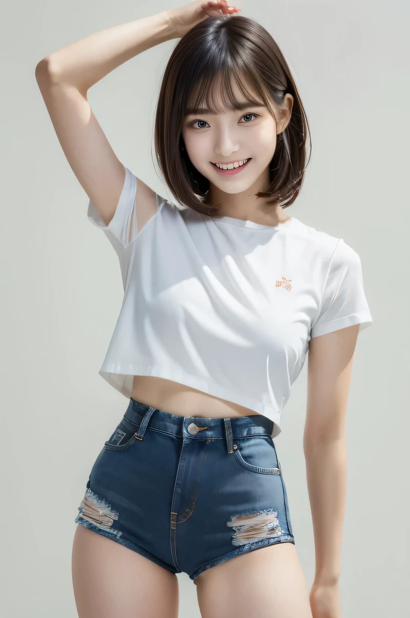 The beauty of 8K raw photos:2.0, Japanese woman, short hair, 18 years old, great face and dark eyes, looking down, looking at the viewer:1.5, big smile, tongue out, show the tongue, wet hair, show the crotch, spread the legs wide, show your cameltoe:1.2, tiny top, (denim hot pants, white shirt:1.2), shinny skin, realistic:1.9, very detailed, cross-legged, cowboy shot from bottom:1.2, High resolution RAW color photos, professional photos, Taken at the studio, plain wallpaper, girl sexy portrait